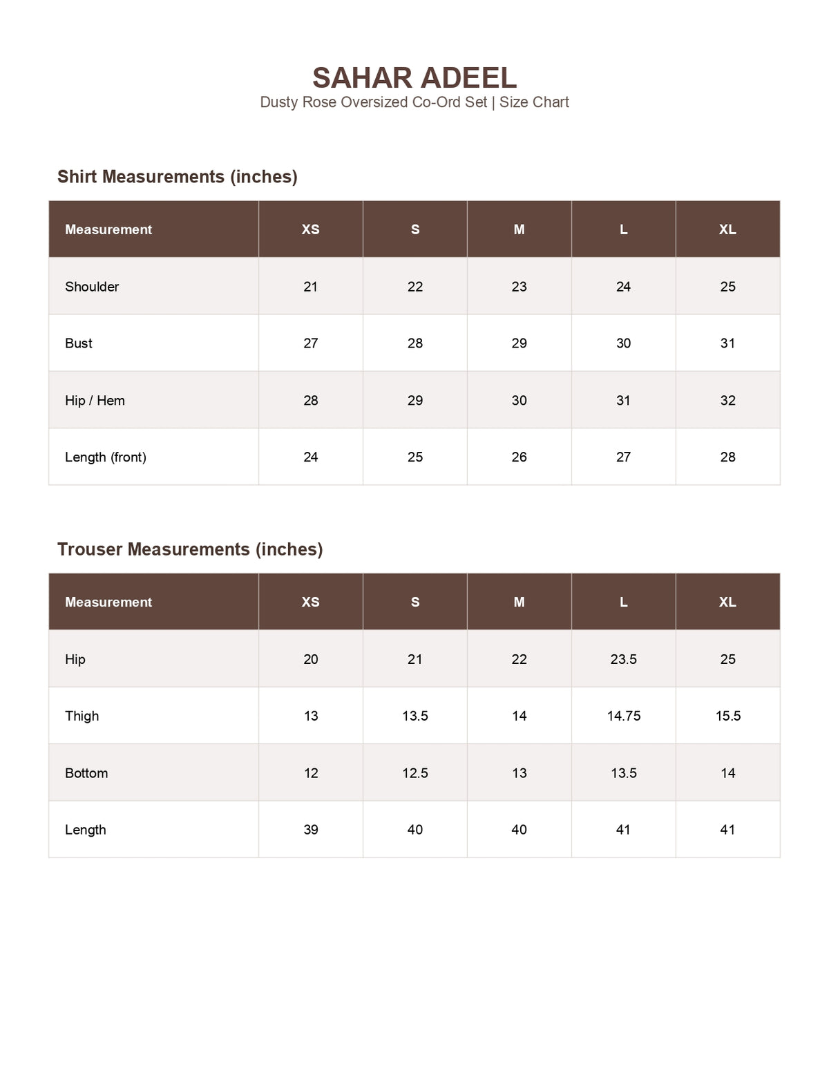 Size chart for ROSETTE