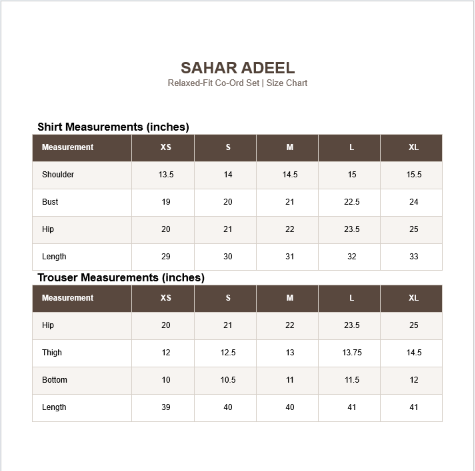 Size chart for Cocoa Muse